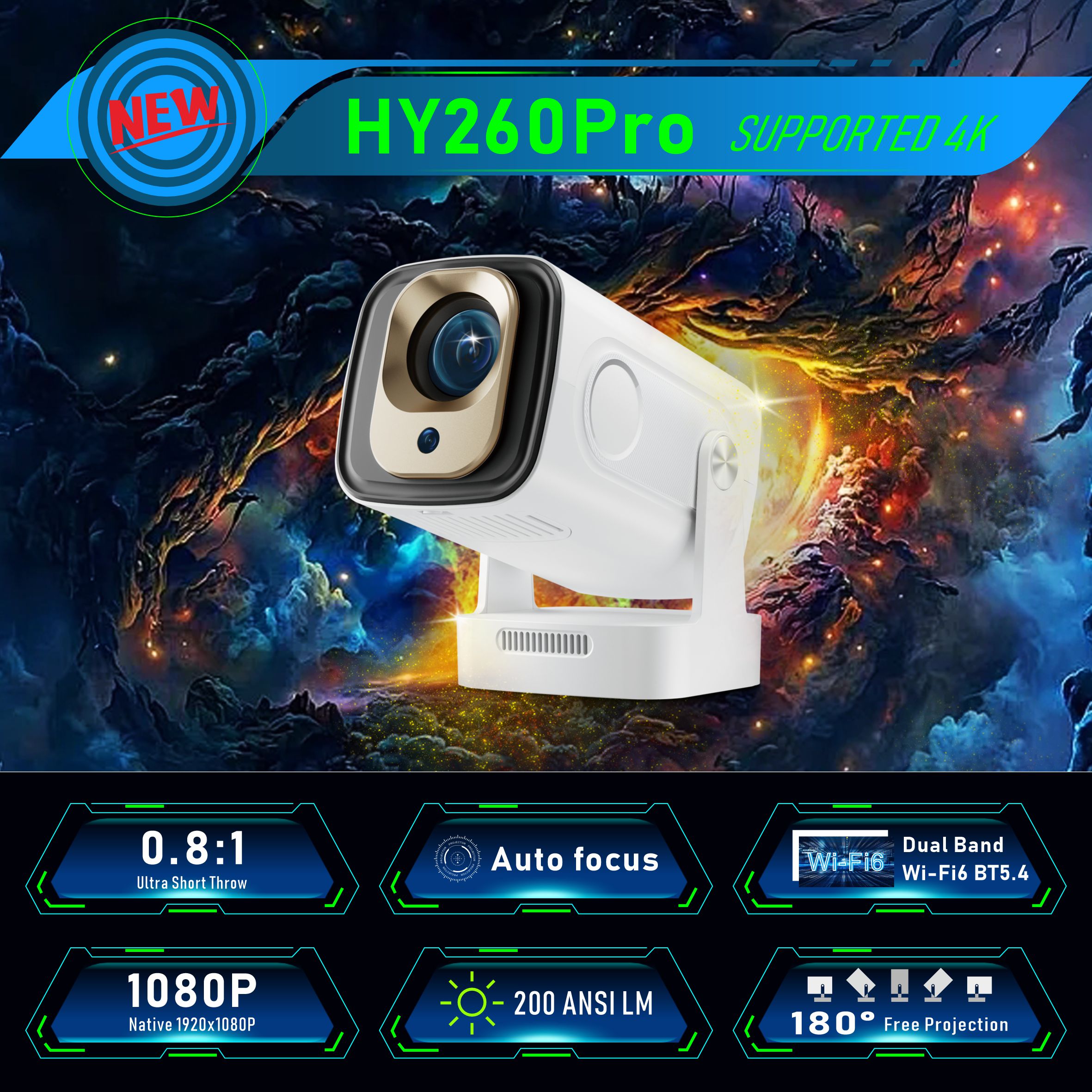 Home Cinema Quad - HY260Pro Smart Projector Supperted 4K Android